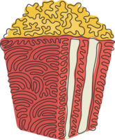Single continuous line drawing striped box container with delicious popcorn. Takeaway fast food. Restaurant junk food menu. Swirl curl style. Dynamic one line draw graphic design illustration png