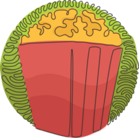 Célibataire continu ligne dessin boîte récipient avec délicieux Popcorn. à emporter vite aliments. déchet nourriture menu. tourbillon boucle cercle style. dynamique un ligne dessiner graphique conception illustration png