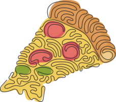 Continuous one line drawing slice of pizza with tomatoes, lettuce, sausage, cheese. Street food concept. Template for restaurants. Swirl curl style. Single line draw design graphic illustration png