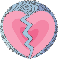 singolo continuo linea disegno amore forma rotto nel Due. emoji di crepacuore, rotto cuore o divorzio icona. turbine arricciare cerchio stile. dinamico uno linea disegnare grafico design illustrazione png