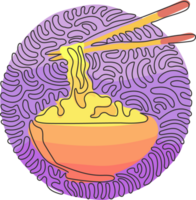 Single continuous line drawing noodle in bowl. Asian ramen, traditional Chinese restaurant with pasta and chopsticks. Swirl curl circle style. One line graphic design illustration png