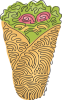 Célibataire un ligne dessin shawarma ou poulet envelopper. turc vite nourriture avec Viande et des légumes. repas sur gril de chawarma. tourbillon boucle style. continu ligne dessiner conception graphique illustration png