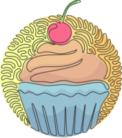 Single einer Linie Zeichnung lecker Cupcake mit Kirsche. Süss lecker Kuchen. köstlich Dessert zum Abendessen. Strudel locken Kreis Stil. modern kontinuierlich Linie zeichnen Design Grafik Illustration png