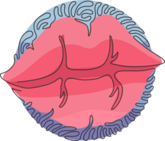 Single one line drawing beautiful red lips. Mark left after firm kiss is placed with bright lipstick. Kiss mark emoji. Swirl curl circle style. Continuous line draw design graphic png