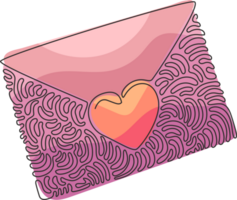 contínuo 1 linha desenhando envelope selado com coração. amor carta ou afetuoso cumprimento cartão. mensagens do amor, felicidade. redemoinho ondulação círculo estilo. solteiro linha Projeto gráfico ilustração png