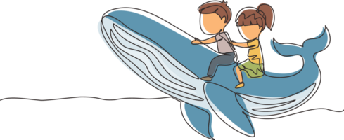 Single one line drawing little boy and girl riding blue whale together. Kids sitting on back of whale. Cheerful children on back of large blue whale. Modern continuous line draw design graphic png