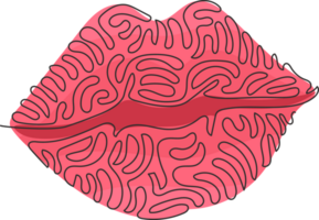 continuo uno linea disegno bellissimo rosso labbra. marchio sinistra dopo azienda bacio è posto con luminosa rossetto. bacio marchio emoji. turbine arricciare stile. singolo linea disegnare design grafico illustrazione png