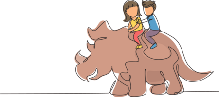 Single kontinuierlich Linie Zeichnung wenig Junge und Mädchen Höhlenmensch Reiten Triceratops zusammen. Kinder Sitzung auf zurück von Dinosaurier. Stein Alter Kinder. uralt Mensch Leben. einer Linie zeichnen Grafik Design png