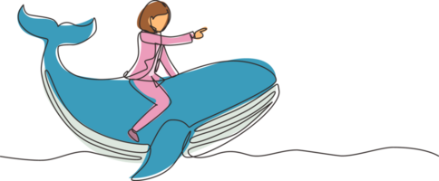 Single continuous line drawing brave businesswoman riding huge dangerous blue whale. Professional entrepreneur female character. Successful business woman. One line graphic design illustration png