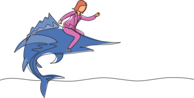 Célibataire continu ligne dessin courageux femme d'affaires équitation énorme dangereux marlin poisson. professionnel entrepreneur femelle personnage bats toi avec prédateur. un ligne dessiner graphique conception illustration png