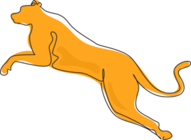 Célibataire continu ligne dessin fort guépard est sauter pour entreprise logo identité. chat sauvage animal mascotte concept pour nationale safari zoo. dynamique un ligne dessiner graphique conception illustration png