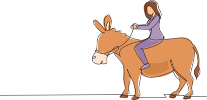 continu un ligne dessin femme d'affaires équitation âne. affaires femme monte âne. conduite âne. objectif réussite concept. affaires concours. Célibataire ligne conception graphique illustration png