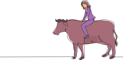 Continuous one line drawing businesswoman riding cow symbol of success. Business metaphor concept, looking at the goal, achievement, leadership. Single line draw design graphic illustration png