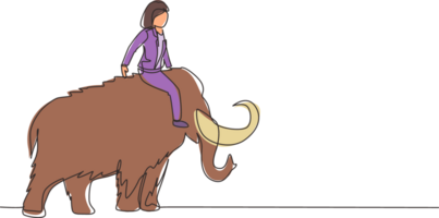 Continuous one line drawing businesswoman riding huge dangerous mammoth. Professional entrepreneur female character. Successful business woman. Single line draw design graphic illustration png