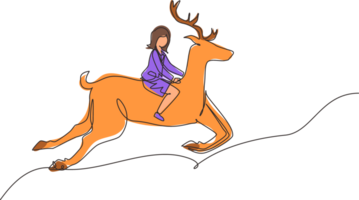 Single continuous line drawing businesswoman riding deer. Investment, bullish stock market trading, rising bonds trend. Successful business woman trader. Dynamic one line draw graphic design png