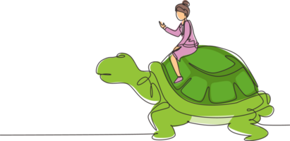 Continuous one line drawing businesswoman riding huge turtle. Slow movement to success, manager driving giant tortoise. Business competition concept. Single line design graphic illustration png