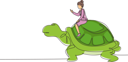 continu un ligne dessin femme d'affaires équitation énorme tortue. lent mouvement à succès, directeur conduite géant tortue. affaires compétition concept. Célibataire ligne conception graphique illustration png