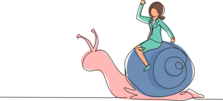 Single one line drawing businesswoman rides snail. Weak competitor. Ineffective manager, bad solution. Slow business progress, laziness. Modern continuous line draw design graphic illustration png