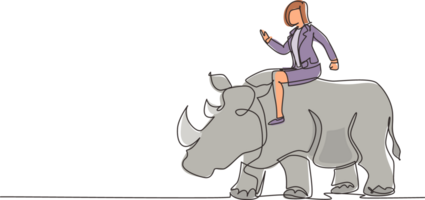 Single continuous line drawing businesswoman riding rhinoceros symbol of success. Business metaphor concept, looking at goal, achievement, leadership. One line draw graphic design illustration png