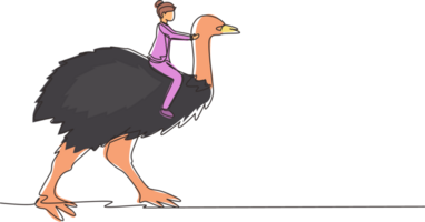 soltero uno línea dibujo mujer de negocios montando avestruz símbolo de éxito. negocio metáfora concepto, mirando a el meta, logro, liderazgo. continuo línea dibujar diseño ilustracion grafica png