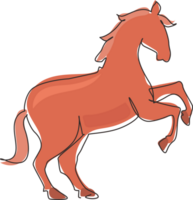 singolo continuo linea disegno orgoglioso bianca cavallo passeggiate con grazia con suo davanti zoccolo inoltrare. selvaggio mustang galoppa nel gratuito natura. forte animale mascotte. uno linea grafico design illustrazione png