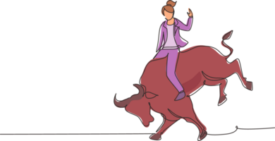 Single one line drawing businesswoman riding rodeo bull. Investment, bullish stock market trading, rising bonds trend. Successful business woman. Continuous line design graphic illustration png