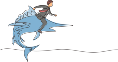 Continuous one line drawing brave businessman riding huge dangerous marlin fish. Professional entrepreneur male character fight with predator. Single line draw design graphic illustration png