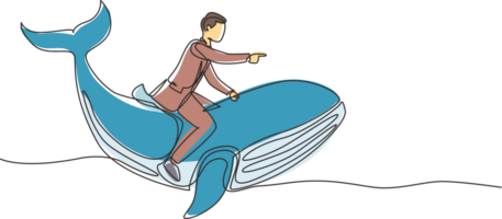 Single one line drawing brave businessman riding huge dangerous blue whale. Professional entrepreneur male character. Successful business man. Continuous line draw design graphic illustration png