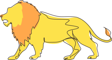 Célibataire continu ligne dessin fort Lion permanent plein corps, Roi de le jungle. fort félin mammifère mascotte. dangereux gros chat animal logo. dynamique un ligne dessiner graphique conception illustration png