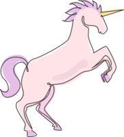 Continuous one line drawing unicorn lift two front legs. Black jumping fictional fairy animal. Magical unicorn running on wind. Childhood fantasy. Single line draw design graphic illustration png