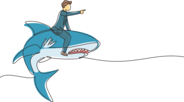 Continuous one line drawing brave businessman riding huge dangerous shark. Professional entrepreneur male character fight with predator. Successful business man. Single line draw design graphic png