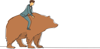 Continuous one line drawing businessman rides on bear in stock market trading concept. stock market analysis, business and investment, stock exchange. Single line design graphic illustration png