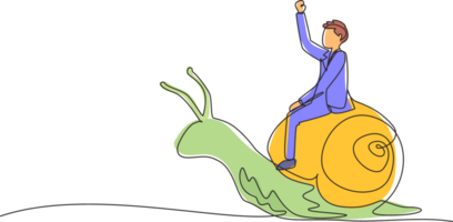 Single one line drawing businessman rides snail. Weak competitor. Ineffective manager, bad solution. Slow business progress, laziness. Modern continuous line draw design graphic illustration png