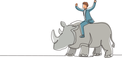 Single one line drawing businessman riding rhinoceros symbol of success. Business metaphor concept, looking at goal, achievement, leadership. Continuous line draw design graphic illustration png