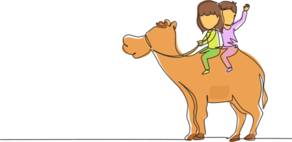soltero uno línea dibujo contento pequeño chico y niña montando camello juntos. niños sentado en joroba camello con ensillar en desierto. niños aprendizaje a paseo camello. continuo línea dibujar diseño gráfico png
