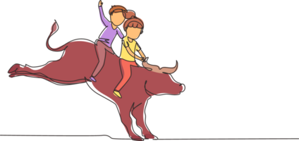 solteiro 1 linha desenhando feliz fofa criança Garoto e menina equitação fofa touro junto. crianças sentado em costas touro com selim dentro vaqueiro rancho. crianças Aprendendo para passeio touro. contínuo linha desenhar Projeto png