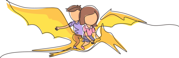 Single continuous line drawing boy and girl riding flying dinosaur together. Pterodactyl ride with kids sitting on back of dinosaur and flying high in sky. Dynamic one line draw graphic design png