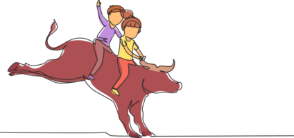 solteiro 1 linha desenhando feliz fofa criança Garoto e menina equitação fofa touro junto. crianças sentado em costas touro com selim dentro vaqueiro rancho. crianças Aprendendo para passeio touro. contínuo linha desenhar Projeto png
