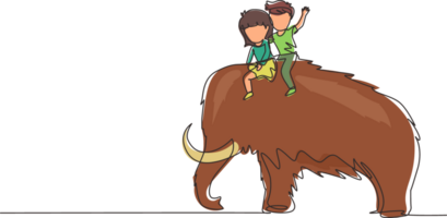 Continuous one line drawing little boy and girl caveman riding woolly mammoth together. Kids sitting on back of mammoth. Stone age children. Ancient human life. Single line draw designgraphic png