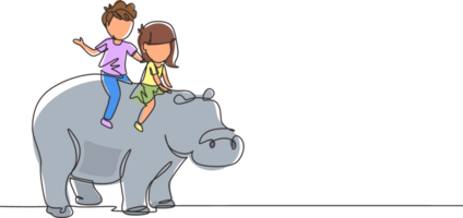 contínuo 1 linha desenhando feliz pequeno Garoto e menina equitação hipopótamo junto. crianças sentado em costas hipopótamo dentro jardim zoológico. crianças Aprendendo para passeio hipopótamo. solteiro linha desenhar design gráfico png