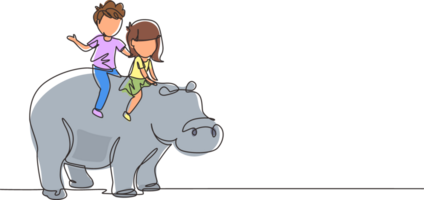 continu un ligne dessin content peu garçon et fille équitation hippopotame ensemble. les enfants séance sur retour hippopotame dans zoo. des gamins apprentissage à balade hippopotame. Célibataire ligne dessiner designgraphique png