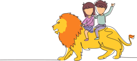 continuo uno línea dibujo pequeño chico y niña montando león juntos. niños sentado en espalda grande león a circo evento. niños aprendizaje a paseo bestia animal. soltero línea dibujar diseño grafico png