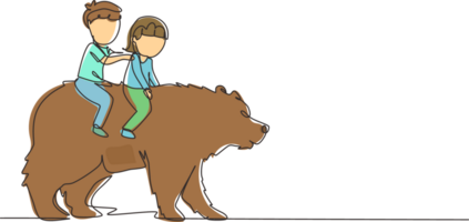 Continuous one line drawing happy boy and girl riding brown grizzly bear together. Children sitting on back big bear at circus event. Kids learning to ride beast animal. Single line draw design png