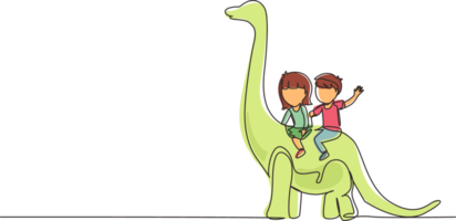 Single continuous line drawing little boy and girl caveman riding brontosaurus together. Kids sitting on back of dinosaur. Ancient human life concept. One line draw graphic designillustration png