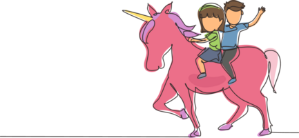 Single continuous line drawing happy cute boy and girl riding cute unicorn together. Children sitting on back unicorn in fairy tale dream. Kids learning to ride unicorn. One line draw graphic png
