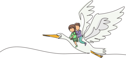 Single continuous line drawing happy little boy and girl flying with stork together. Children fly and sitting on back stork bird at sky. Kids learning to ride cute stork. One line draw graphic png