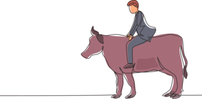 Continuous one line drawing businessman riding cow symbol of success. Business metaphor concept, looking at the goal, achievement, leadership. Single line draw design graphic illustration png