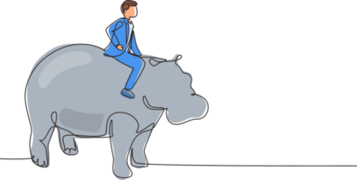 Single continuous line drawing businessman riding hippopotamus symbol of success. Business metaphor concept, looking at goal, achievement, leadership. One line draw graphic design illustration png