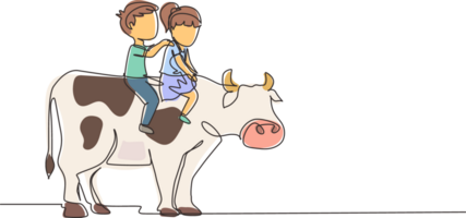 Single one line drawing happy little boy and girl riding cow together. Children sitting on back cow with saddle in ranch ground. Kids learning to ride cow. Continuous line draw design graphic png