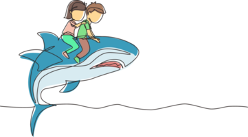 Single one line drawing little boy and girl riding inflatable shark together. Kids sitting on back shark in swimming pool. Shark ocean fish in deep water. Continuous line draw design graphic png